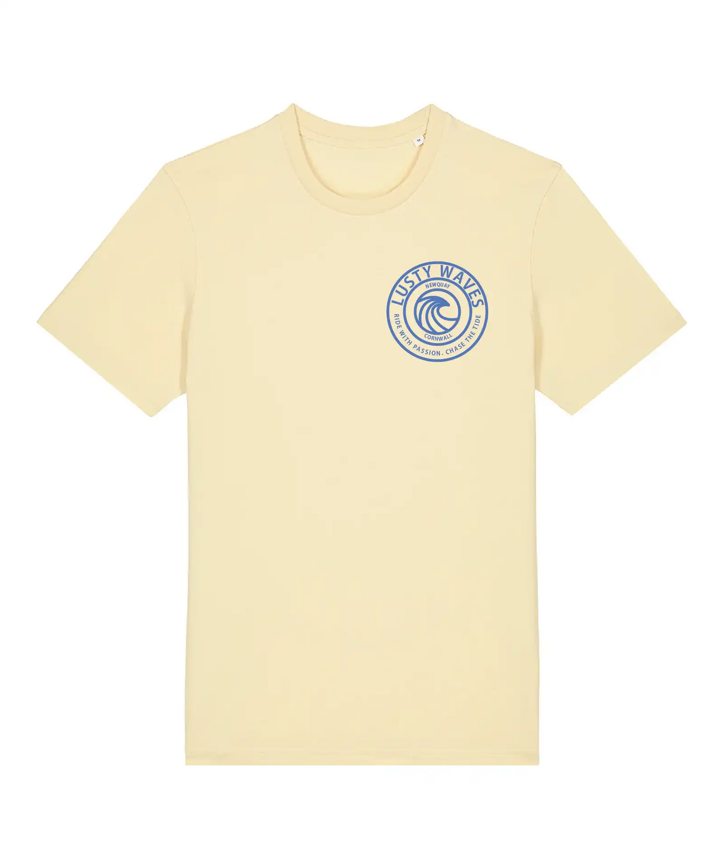 Pale yellow T-shirt with prominent Lusty Waves front logo