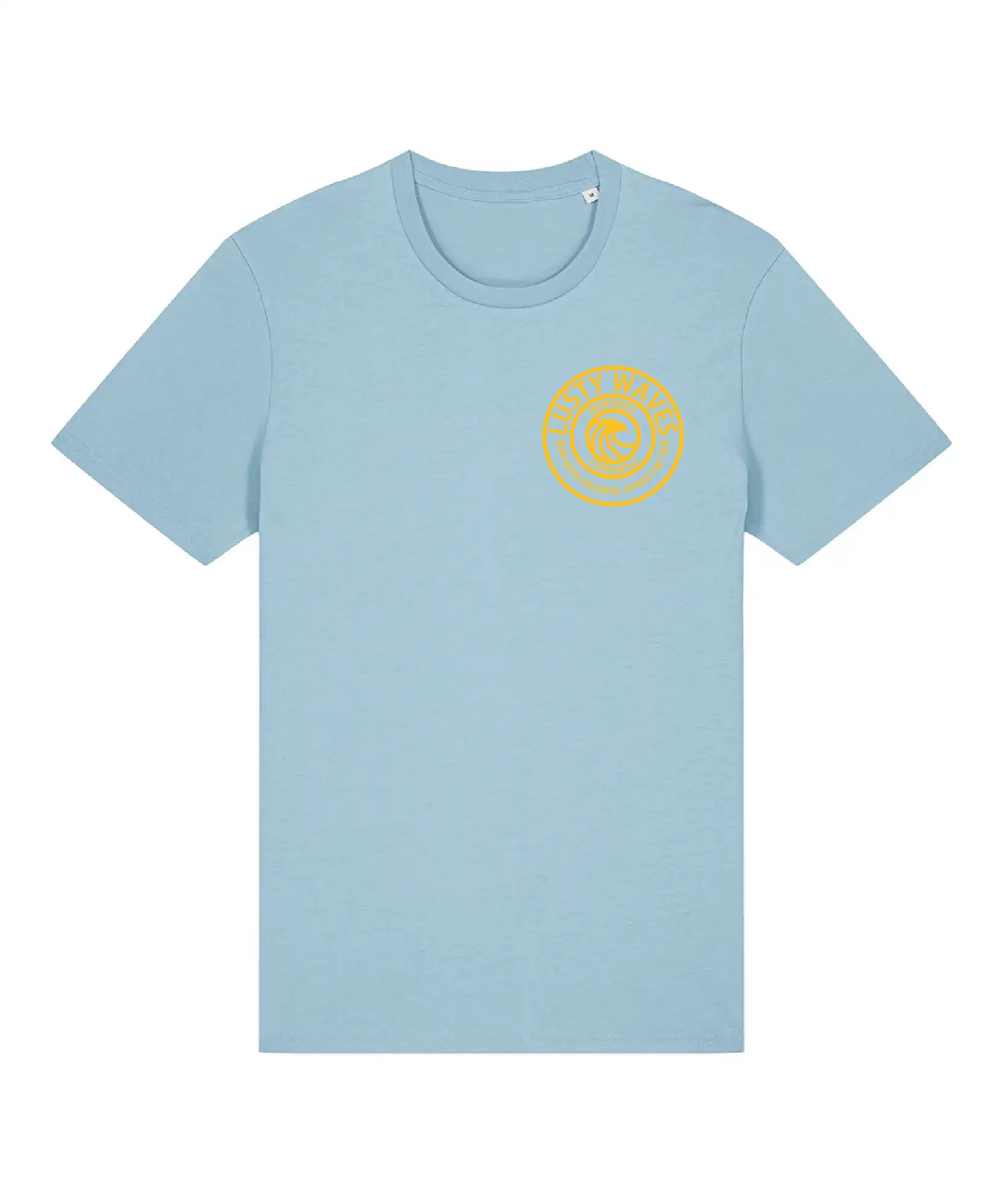 Sky blue T-shirt with prominent Lusty Waves front logo