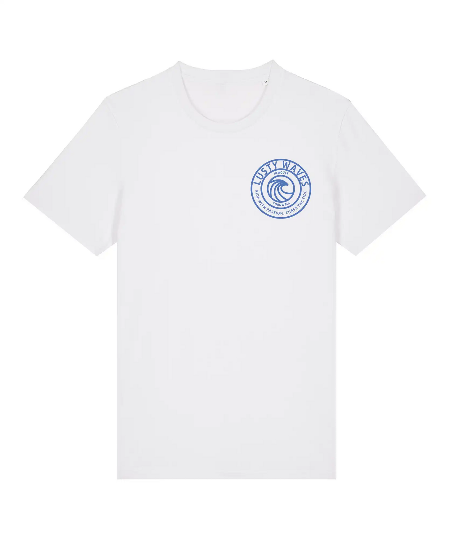 White unisex T-shirt featuring Lusty Waves front logo