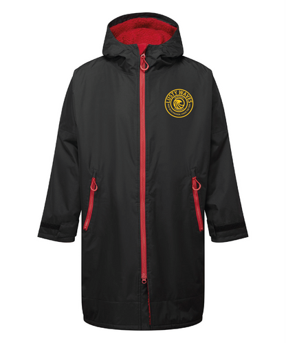 Black raincoat with red accents and a logo on a white background