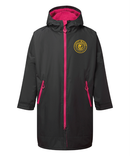 Black raincoat with pink accents and a logo on a white background