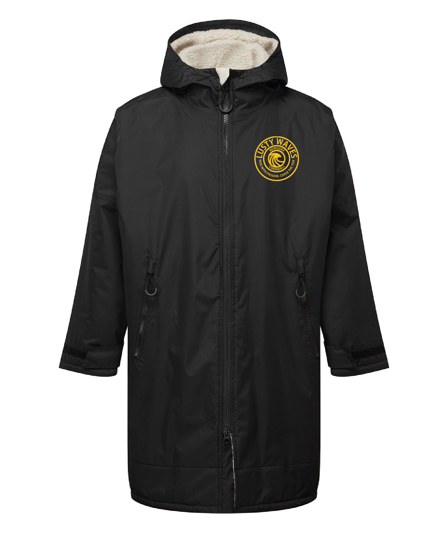 Black raincoat with natural accents and a logo on a white background