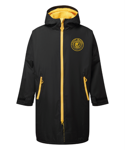 Black raincoat with yellow accents and a logo on a white background