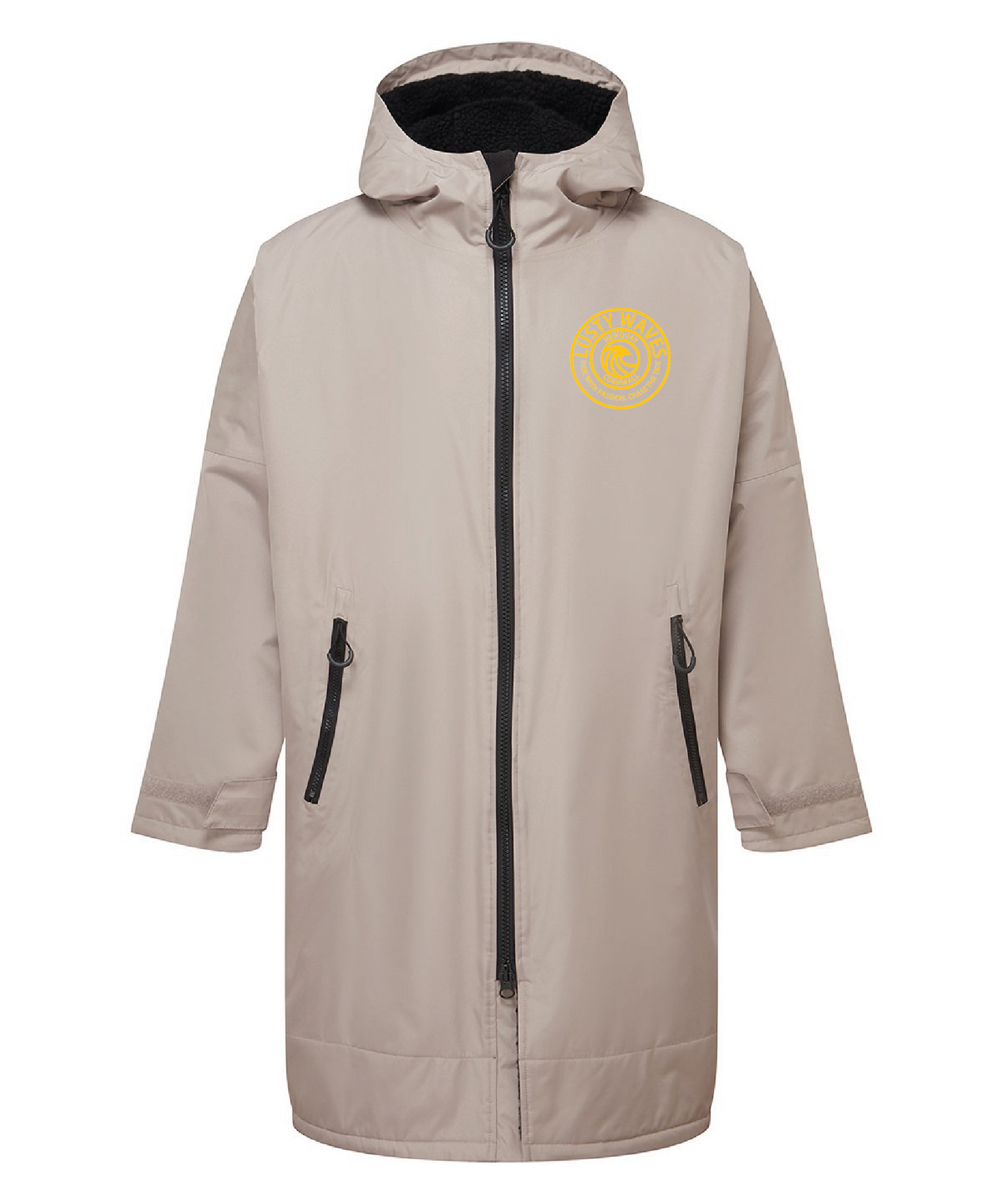 Beige jacket with a logo on the chest against a white background