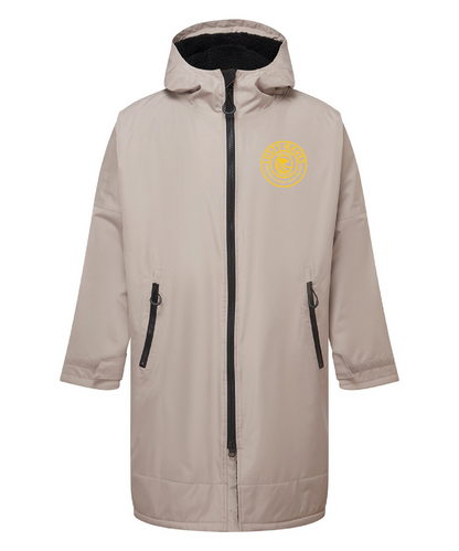 Beige jacket with a logo on the chest against a white background