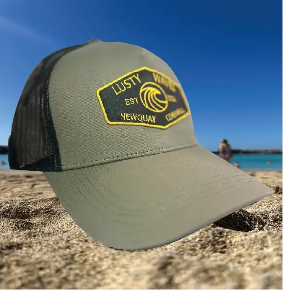 Lusty Waves - Newquay based brand. Olive and black Trucker cap with embroidered patch