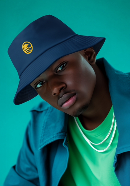 Person wearing a blue bucket hat with a logo, turquoise jacket, and green shirt against a teal background