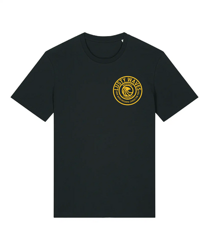 Black T-shirt with Lusty Waves logo on the chest